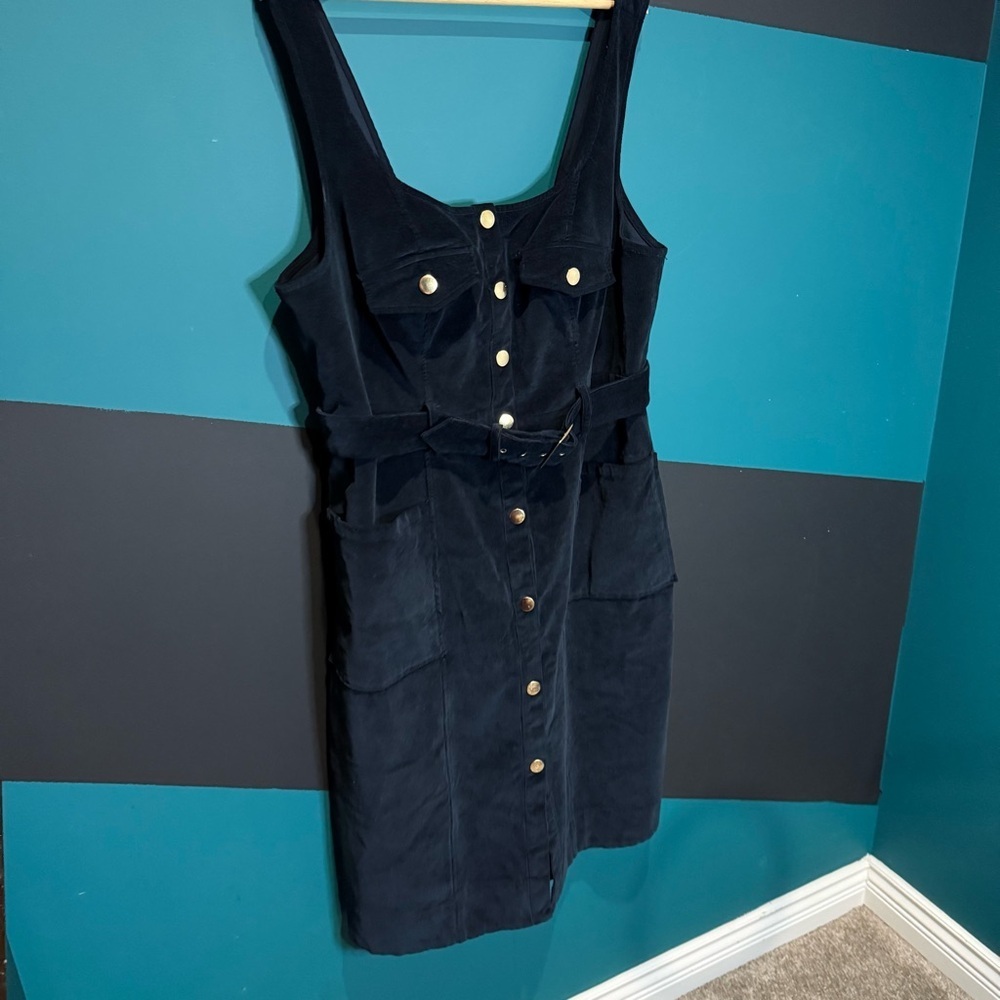 Maeve Anthropologie Corduroy Navy Blue Slim Pinafore Midi Dress size 16 W Preppy - Picture 14 of 15